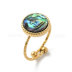 Плоские круглые манжеты из ракушки пауа из нержавеющей стали 304 для женщин X-RJEW-G346-10G-01