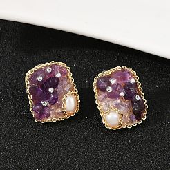 Прямоугольные латунные серьги-гвоздики с натуральным пресноводным жемчугом EJEW-U072-03G