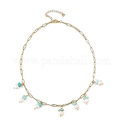 Collares de cadena tipo clip de acero inoxidable 304 con fragmentos de amazonita natural y borla de perlas para mujer.&nbsp;NJEW-JN06528-03