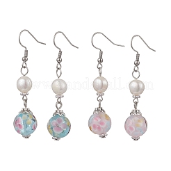 Круглые серьги с натуральным культивированным пресноводным жемчугом и подвесками в технике лэмпворк&nbsp;EJEW-JE06881