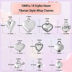 100 個 10 スタイル ハート チベット スタイル合金チャーム ペンダント  バレンタインデーのために  カドミウムフリー＆鉛フリー  アンティークシルバー  9~16x7~11.5x2.5~5mm  穴：1.2~2mm  10個/スタイル&nbsp;TIBEP-CJ0002-69