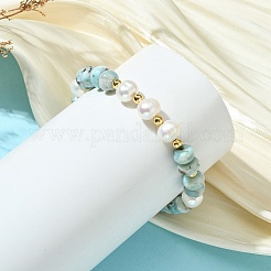 Bracelets composés de perles rondes en larimar naturel et de perles de culture d'eau douce naturelles&nbsp;BJEW-JB14417