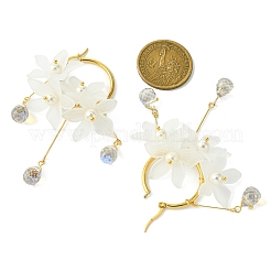 アクリル、ガラス、シェルパールフープピアス（女性用）  花  ホワイト  ゴールドカラー  63x31mm&nbsp;EJEW-TA00564