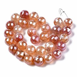 天然石瑪瑙ビーズ連売り  パール光沢メッキ  多面カット  ラウンド  ダークサーモン  12mm  穴：1.6mm  約30~33個/連  13.70~15.75インチ（34.8~40cm）&nbsp;G-Q998-014E