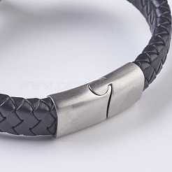 男性の編みこみの革コードブレスレット  304ステンレススチールの金具とマットなマグネット留め具付き  虎ヘッド  ブラック  8-1/4インチ〜8-5/8インチ（210~220mm）&nbsp;BJEW-P194-14B