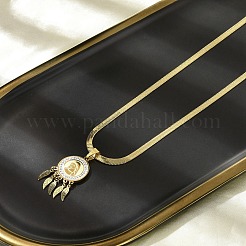 Ожерелья с подвеской в виде пера из нержавеющей стали 201 с плоским круглым кубическим цирконием&nbsp;NJEW-H055-02G