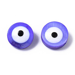 天然淡水シェルビーズ  エナメル  染め  ナザールボンジュウ付きフラットラウンド  モーブ  8x3~4mm  穴：0.8mm&nbsp;SHEL-S278-001B