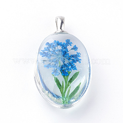 ガラスチャーム  内部のドライフラワーと  オーバル  プラチナ  ミックスカラー  31x18x10~11mm  穴：5x2mm&nbsp;X-GGLA-Q047-15