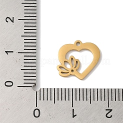 304ステンレススチールチャーム  レーザー切断  蓮のチャームが付いたハート  18KGP本金メッキ  12x13x1mm  穴：1mm&nbsp;STAS-U010-02G