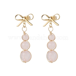 Серьги-гвоздики с круглыми подвесками и бантом из натурального розового кварца EJEW-JE06780-01