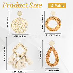 4 пара сережек-гвоздиков из ротанга в 4 стилях EJEW-SP0001-16C