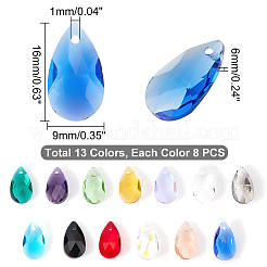 104色のファセットティアドロップガラスペンダント13個  ミックスカラー  16x9x6mm  穴：1mm  8個/カラー&nbsp;GLAA-GA0001-40