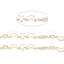 真鍮製ホロームーン&スターリンクチェーン  カドミウムフリー＆ニッケルフリー＆鉛フリー  ABSプラスチックパールビーズ付き  溶接されていない  スプールで  18KGP本金メッキ  12.5x6x0.5mm  12x7.5x0.5mm  13x3~4mm&nbsp;CHC-M025-18G