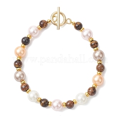 Браслеты из круглых бусин из ракушечного жемчуга и натурального тигрового глаза для женщин&nbsp;BJEW-JB12896