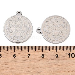 304ステンレスペンダント  フラットラウンド、花柄チャーム付き  ステンレス鋼色  25x21.5x2mm  穴：2mm&nbsp;SA-CBA404E-01A-04