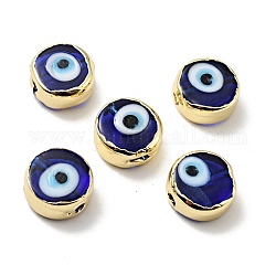 Ручной зло бусины глаз, с латунной фурнитурой , плоско-круглые, синие, 11.5x6 мм, отверстие : 1.6 мм