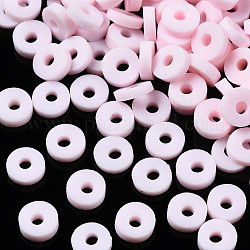 Eco-Friendly Handmade Polymer Clay Beads, Disc/Flat Round, Heishi Beads, Pink, 4x1mm, Hole: 1mm, about 55000pcs/1000g