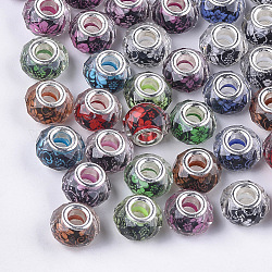 Harz europäischen Perlen, Großloch perlen, mit versilberten Messingkernen, facettiert, Rondell, Blumenmuster, Mischfarbe, 13.5~14x9~9.5 mm, Bohrung: 4.5 mm