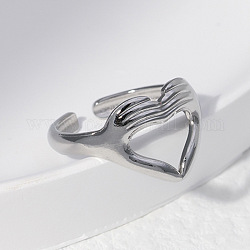 Titanium Steel Heart Hands Open Cuff Ring for Women, Stainless Steel Color, US Size 9(18.9mm)