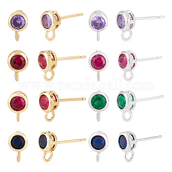 BENECREAT 8 Pairs 8 Color Brass Cubic Zirconia Earring Stud Findings with Vertical Loops, Flat Round Mixed Color Earring Posts for Earrings Jewelry Making
