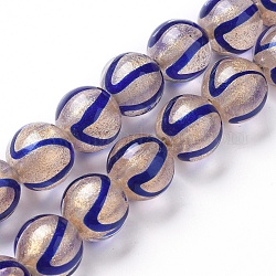 Chapelets de perles vernissées manuelles, poudre d'or, ronde, bleu marine, 12x11~11.5mm, Trou: 1.6mm, Environ 30 pcs/chapelet, 13.1 pouce (33.5 cm)