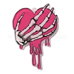 Печатные акриловые подвески, День святого Валентина, сердце с подвесками в виде скелета, темно-розовыми, 44x30.5x2.5 мм, отверстие : 1.6 мм