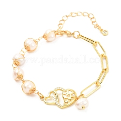 Double Heart Brass Micro Pave Cubic Zirconia Link Bracelet for Valentine's Day Gift, Wire Wrap Round Natural Pearl & Paperclip Chain Bracelet, Golden, White, 7-1/4 inch(18.3cm)