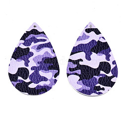 Imitation Leather Big Pendants, Teardrop with Camouflage Pattern, Blue Violet, 56.5x37x2mm, Hole: 2mm
