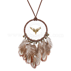 SUPERFINDINGS Woven Net/Web with Feather Pendant Decoration, Brass Bell & Deer Charm Wall Hanging Decoration, for Home Bedroom Car Ornaments Birthday Gift, Antique Bronze, 476mm, 1pc/box