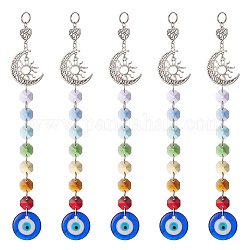 Colgantes de mal de ojo de murano hechos a mano decoraciones, con eslabón de vidrio octogonal de chakra y colgantes de aleación de luna/sol, colorido, 235x37x7.5mm
