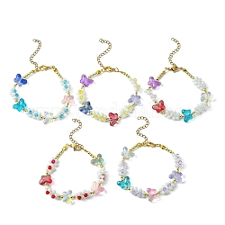 Bracelet en perles de verre fleur et papillon avec 304 fermoirs en acier inoxydable, couleur mixte, 7-3/8 pouce (18.6 cm)