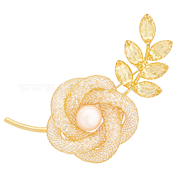 Hobbiesay 2 pz strass rosa fiore con spilla in rilievo di perle naturali, distintivo in lega e ottone per donna, oro, 63x30.5x20mm