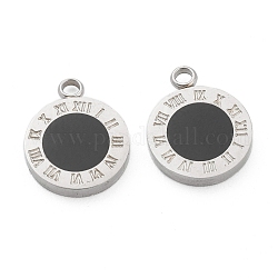 Mode 304 Edelstahl Emaille Charms, flach rund mit schwarzen römischen Ziffern, Edelstahl Farbe, 14x11x2 mm, Bohrung: 1.8 mm