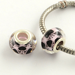 Large Hole Heart Pattern Acrylic European Beads, with Platinum Tone Brass Double Cores, Rondelle, Pink, 14x9mm, Hole: 5mm