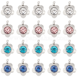DICOSMETIC 40Pcs 4 Colors 304 Stainless Steel Rhinestone Flower Charm Pendants, Grade A, Faceted, Mixed Color, 9x7x4mm, Hole: 1mm, 10pcs/color