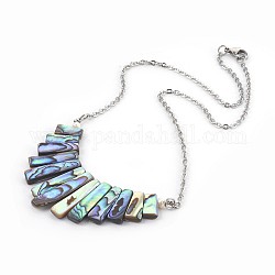 Natural Abalone Shell/Paua Shell Graduated Pendant Necklaces, with 304 Stainless Steel Rolo Chains, Rectangle, 15.94 inch(40.5cm)
