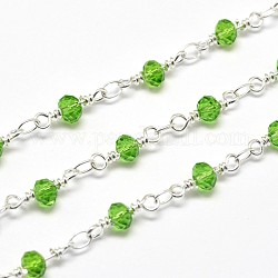 Electroplate Brass Glass Beads Handmade Chains, Unwelded, with Spool, Lead Free & Nickel Free, Lime Green, 11x4mm