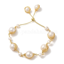 Bracelets en argent à maillons de perles naturelles, bracelet enveloppé de fil de laiton, véritable 14k plaqué or, diamètre intérieur: 2-1/4~2-7/8 pouce (5.6~7.4 cm)