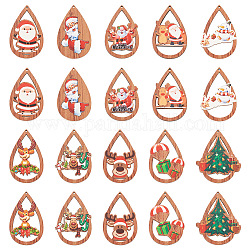 20 pz 10 stili pendenti grandi in legno a tema natalizio, ciondoli a goccia stampati su una sola faccia, lacrima, 54~55x34~44.5x2.5~3mm, Foro: 1.6~1.8 mm, 2pcs / style