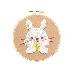 Animal Theme DIY Display Decoration Punch Embroidery Beginner Kit, Including Punch Pen, Needles & Yarn, Cotton Fabric, Threader, Plastic Embroidery Hoop, Instruction Sheet, Rabbit, 155x155mm