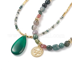 Natural Moss Agate Necklaces Sets for Women, included Brass Micro Pave Clear Cubic Zirconia Snake Charms/Teardrop Pendants, with Synthetic Hematite Beads and 304 Stainless Steel Lobster Claw Clasps, 15.31~18.90 inch(38.9~48cm), 2pcs/set