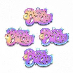 Mother's Day Ion Plating(IP) 201 Stainless Steel Pendants, Etched Metal Embellishments, Word Best Mom, Rainbow Color, 20x32x0.3mm, Hole: 1.8mm