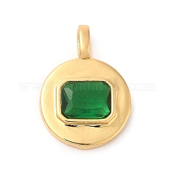 Brass with Cubic Zirconia Pendants, Real 16K Gold Plated, Flat Round Charm, Green, 20.5x15x4mm, Hole: 4x2.5mm