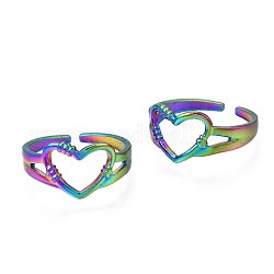 304 anillo de puño de corazón hueco de acero inoxidable, Anillo abierto de color arcoíris para mujer., nosotros tamaño 6 1/2 (16.9 mm)