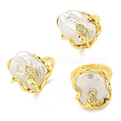 Pépites de perles baroques naturelles avec anneau de manchette ouvert en forme de feuille, Bague en laiton, véritable 14k plaqué or, nous taille 7 1/2 (17.7mm)