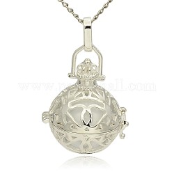Silver Color Plated Brass Hollow Round Cage Pendants, with No Hole Spray Painted Brass Ball Beads, White, 31x27x22mm, Hole: 3x8mm