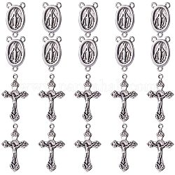 PandaHall Elite 10 sets Tibetan Style Oval with Virgin Holy Rosary Center Pieces Chandelier Links and Crucifix Cross Pendants, Antique Silver Color