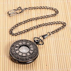 Ouvrable plat alliage ronde montre de poche pendentif, montres à quartz, avec une chaîne en fer, gunmetal, 355mm, cadran montre: 59x47x14 mm