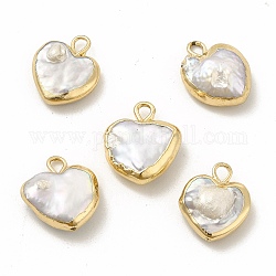 Baroque Natural Keshi Pearl Pendants, Heart Charms, with Brass Loops, Light Gold, 13~15x11~12x3~5mm, Hole: 1.8mm