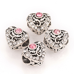 Perline europeo rhinestone  in lega, perline con foro grande, cuore, roso chiaro, 11x12.5x9.5mm, Foro: 4.5 mm